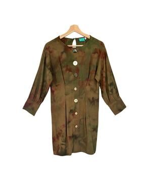 $178 NEW OOAK Handmade Reworked Hand Dyed Olive Green Long Sleeve Dress- Small